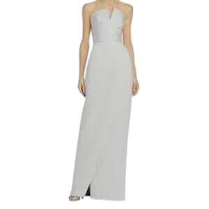 New JAY GODFREY Darcy Gown Strapless V-Neck Silver Satin Front Slit Women's Sz 6